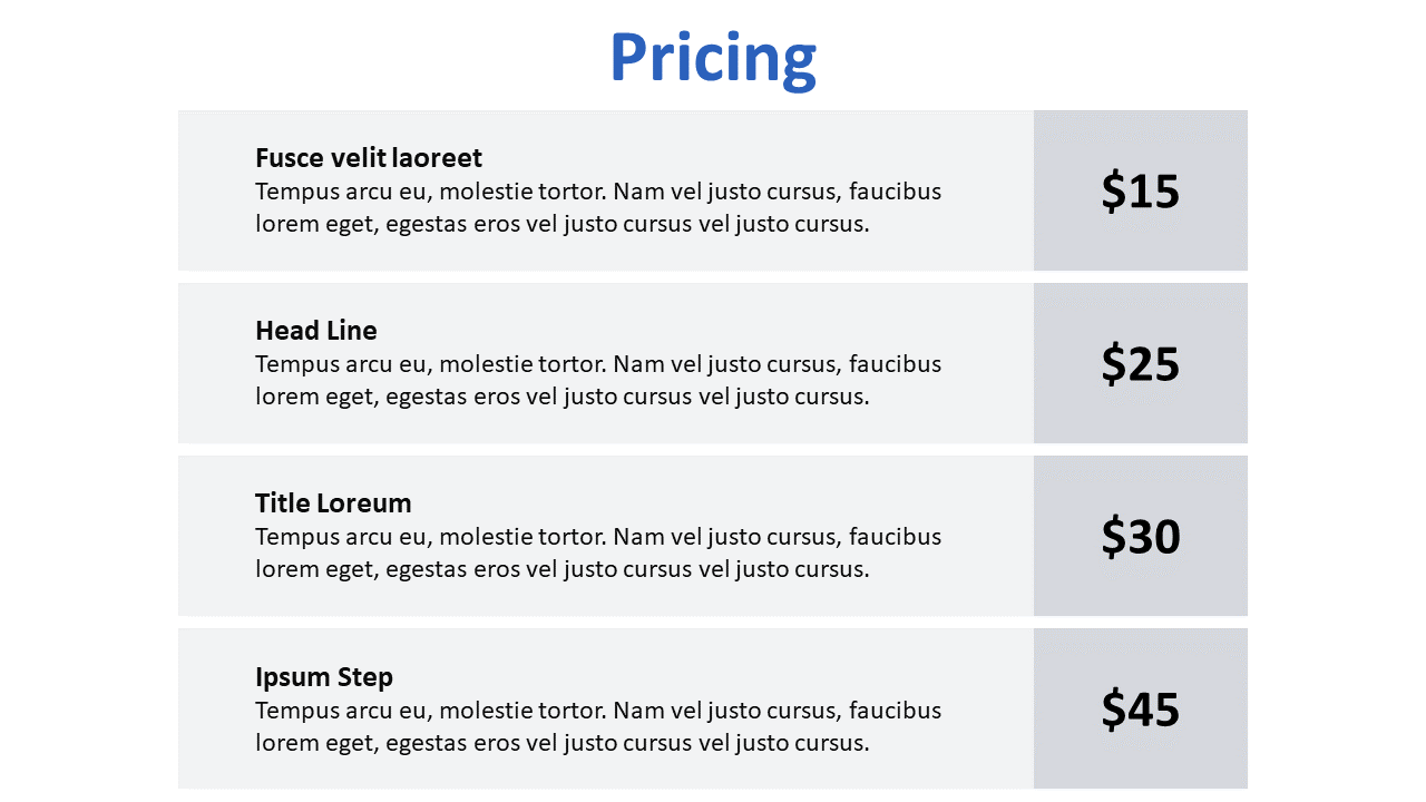 Free - Predesigned  PowerPoint design pricing Table Template